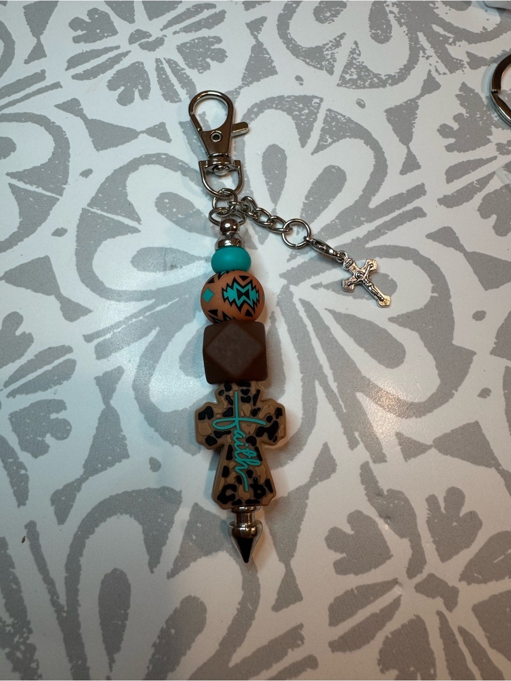 Turquoise & Brown Cross Keychain Card Holder Charm